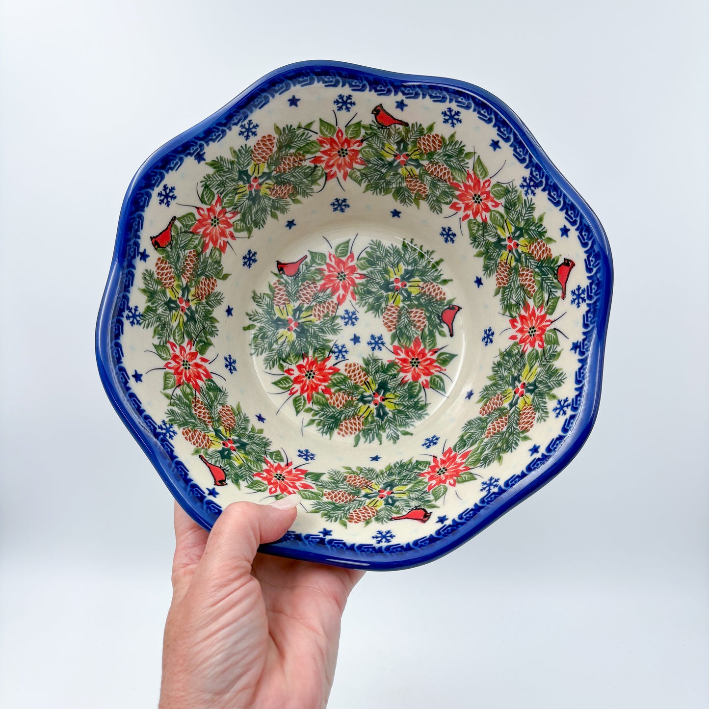 9” Wavy Bowl.  Hand crafted Polish pottery stoneware:  Christmas Cardinals
