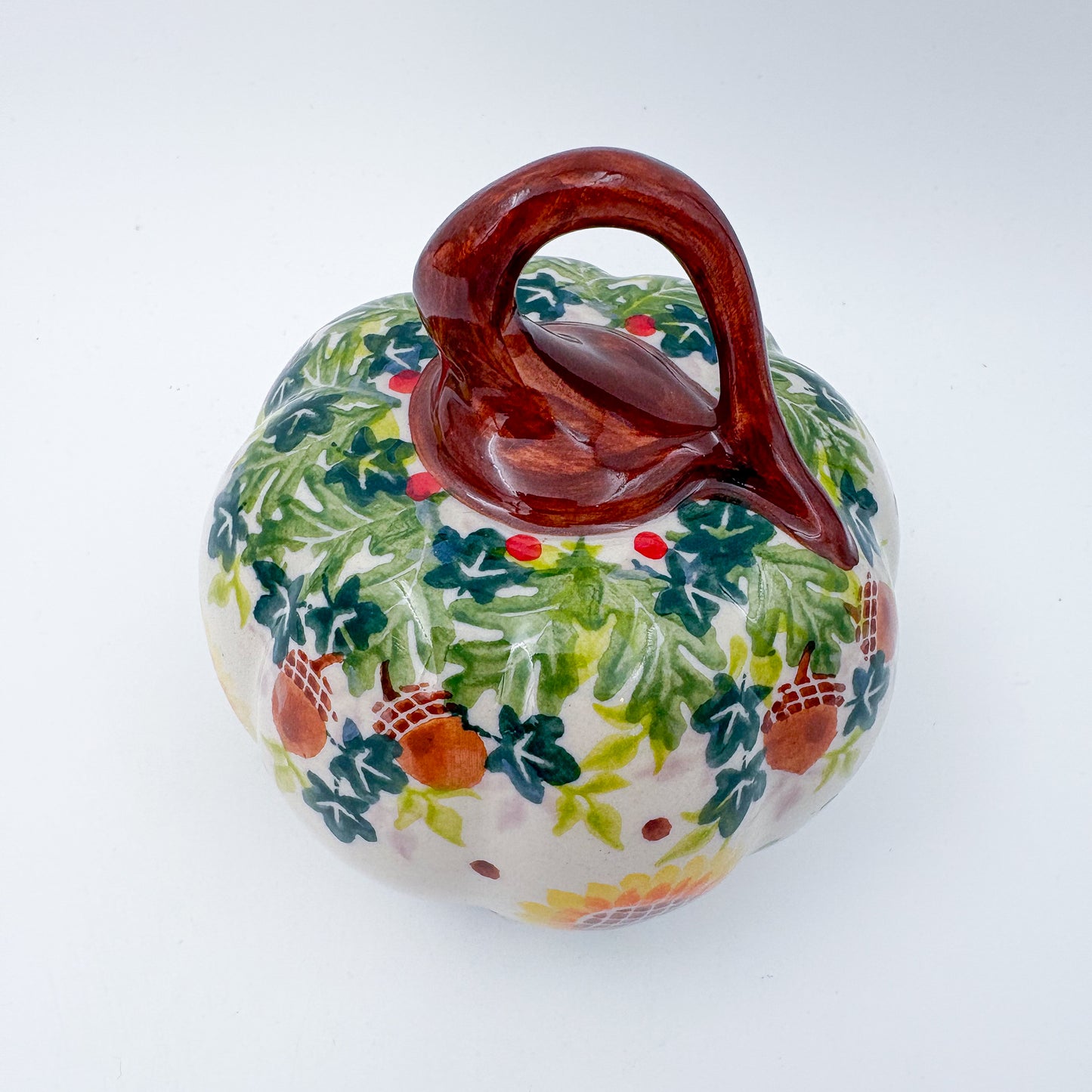 Pumpkin Mini 3.5"  Hand crafted Polish pottery stoneware: UNIKAT Sunflower and Acorn