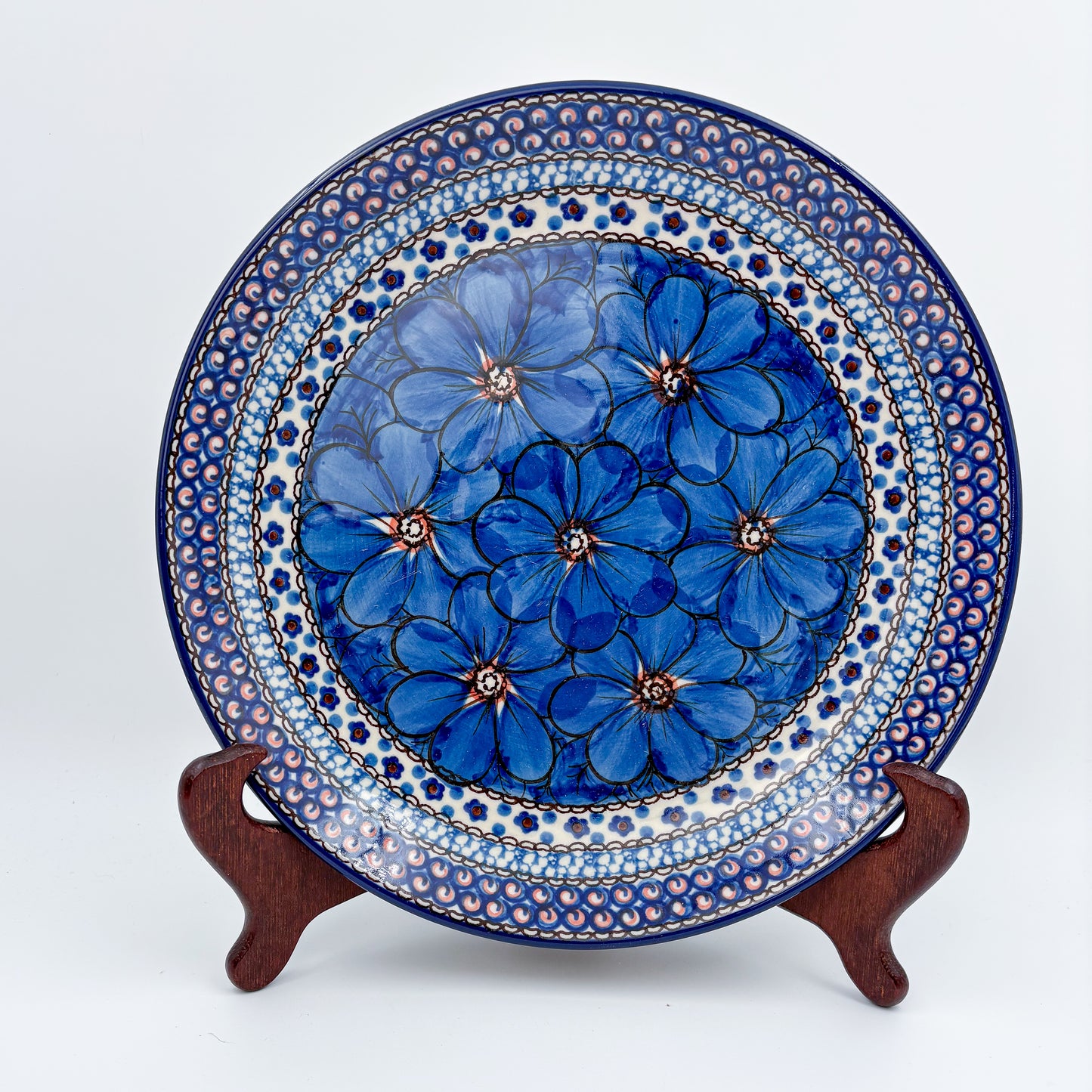 10.5” Plate.  Hand crafted Polish pottery stoneware: UNIKAT Cobalt Poppies