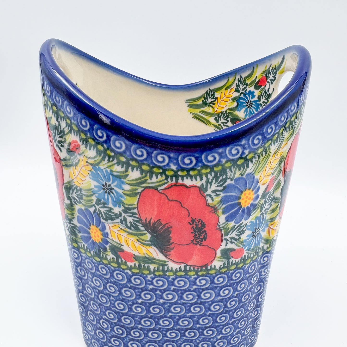 Basket Container & Utensil Med.  Handmade Polish pottery.  UNIKAT Garden Poppy Design