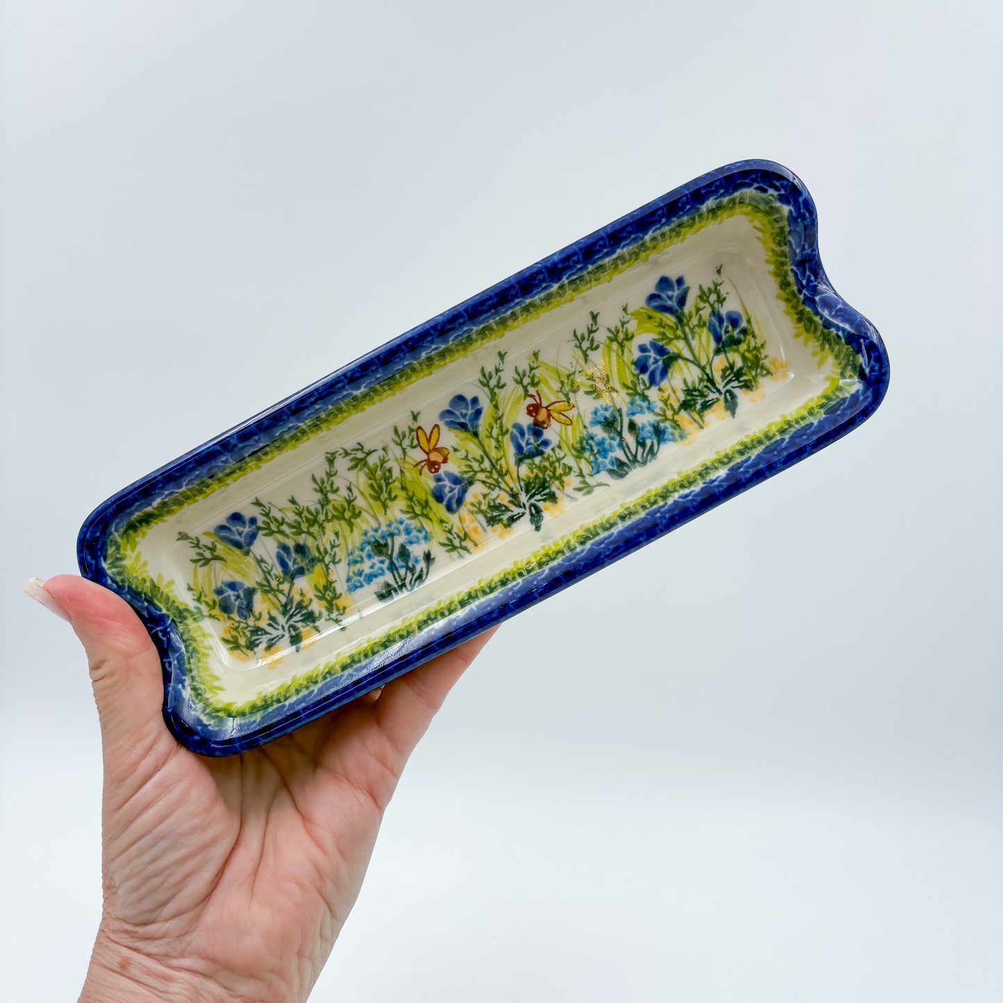 9" Corn Dish/Small Tray.  Hand crafted Polish pottery stoneware: UNIKAT Bluebell Meadow