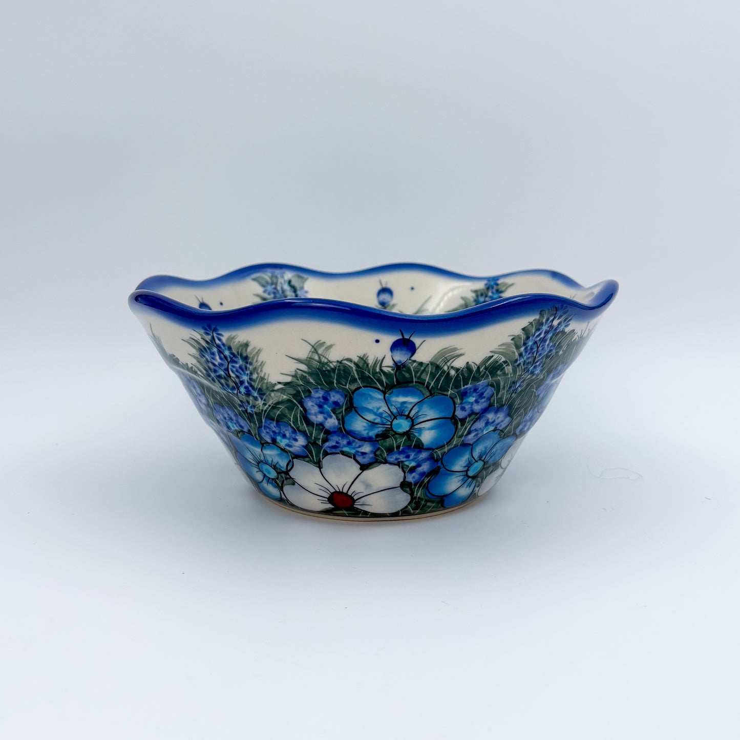 7" Wavy Bowl  Hand crafted Polish pottery stoneware: UNIKAT Forget Me not Pansy