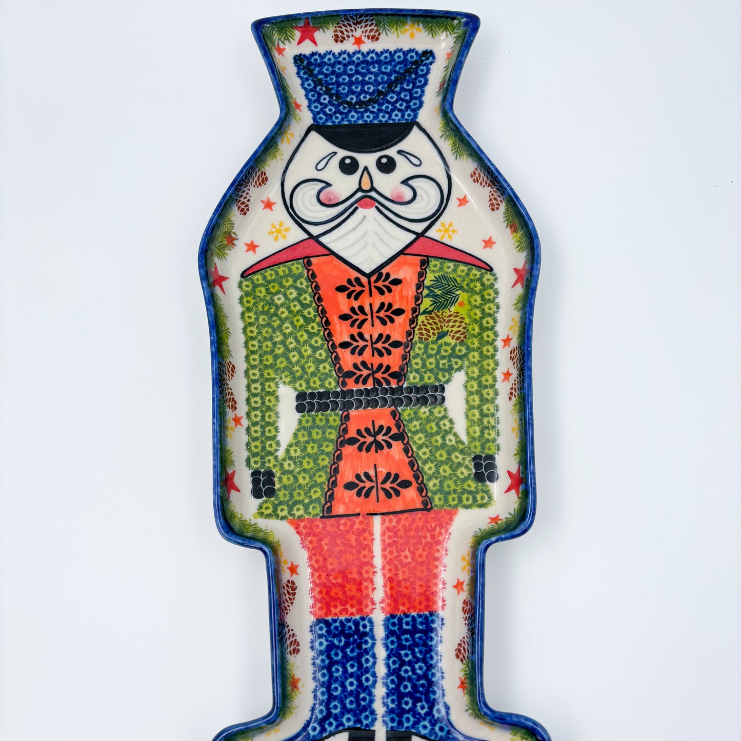 14 inch Nutcracker Platter. Handmade Polish pottery.  UNIKAT Green Nutcracker