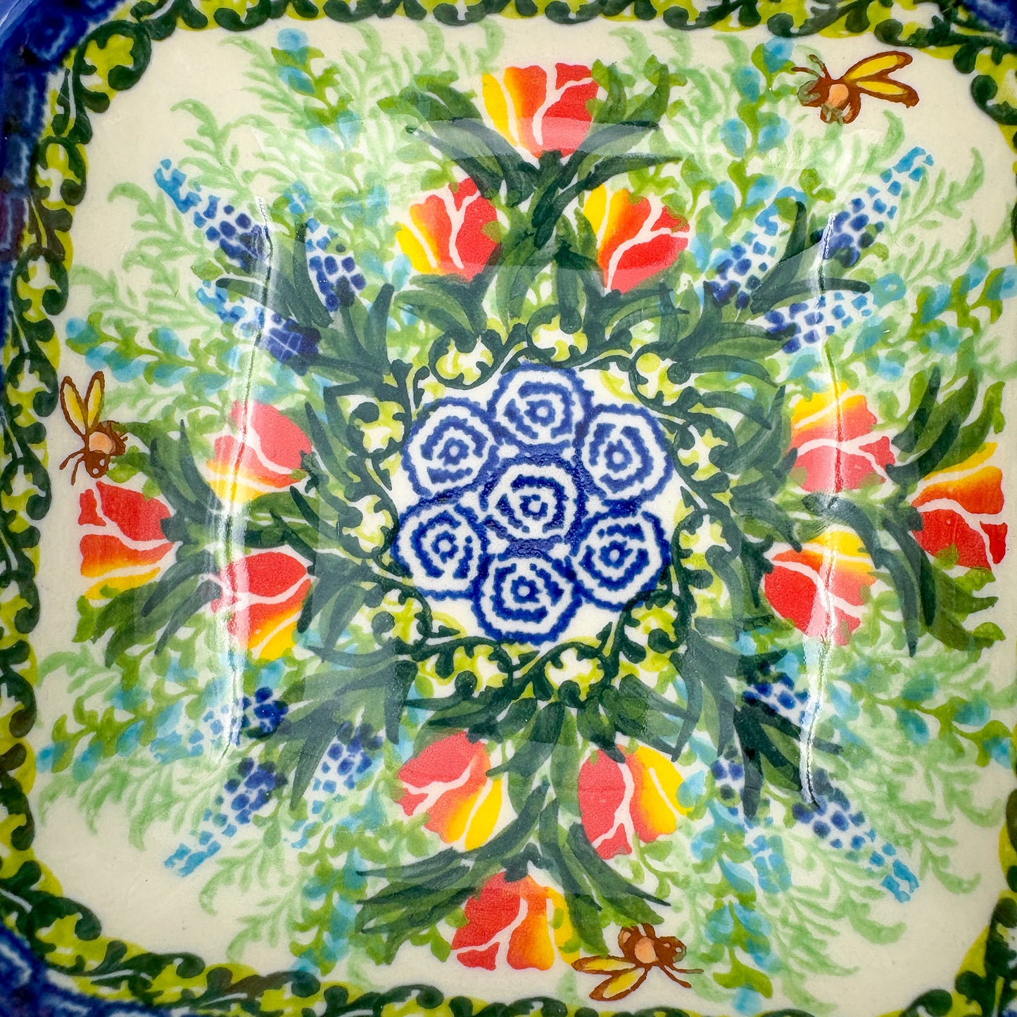 6” Square Bowl.  Hand crafted Polish pottery stoneware:   Unikat Tulips and Bees