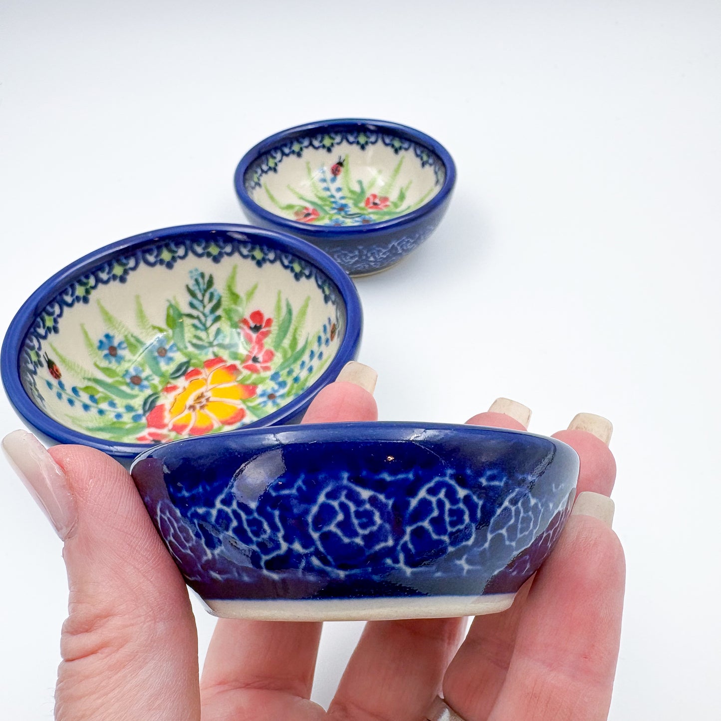 Small Set 3 stacking Bowls.  Hand crafted Polish pottery stoneware:  UNIKAT Ladybug Fields