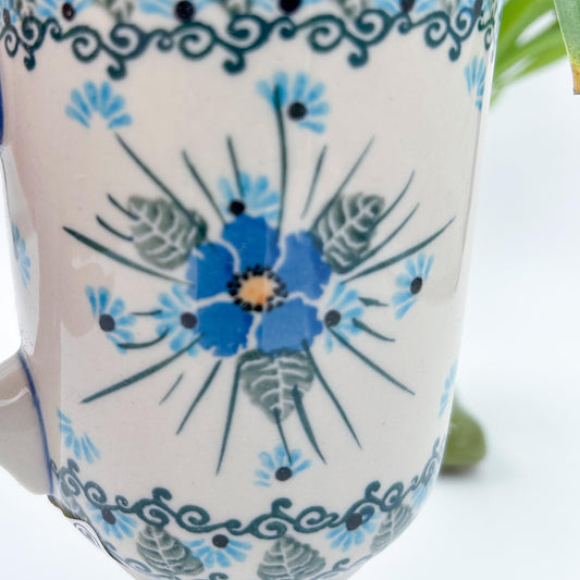 Bistro Mug 17oz. Handcrafted Polish pottery stoneware:  UNIKAT Forget Me Not Design