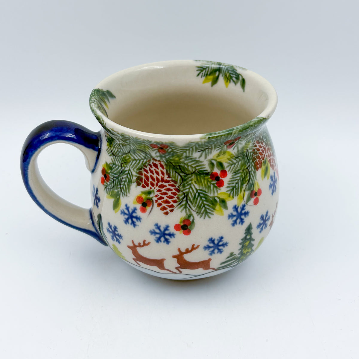 10 oz Bubble Mug. Handcrafted Polish pottery stoneware:  UNIKAT Reindeer Bliss
