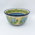 9” Serving Bowl.  Hand crafted Polish pottery stoneware: UNIKAT Blue Hydrangea Design