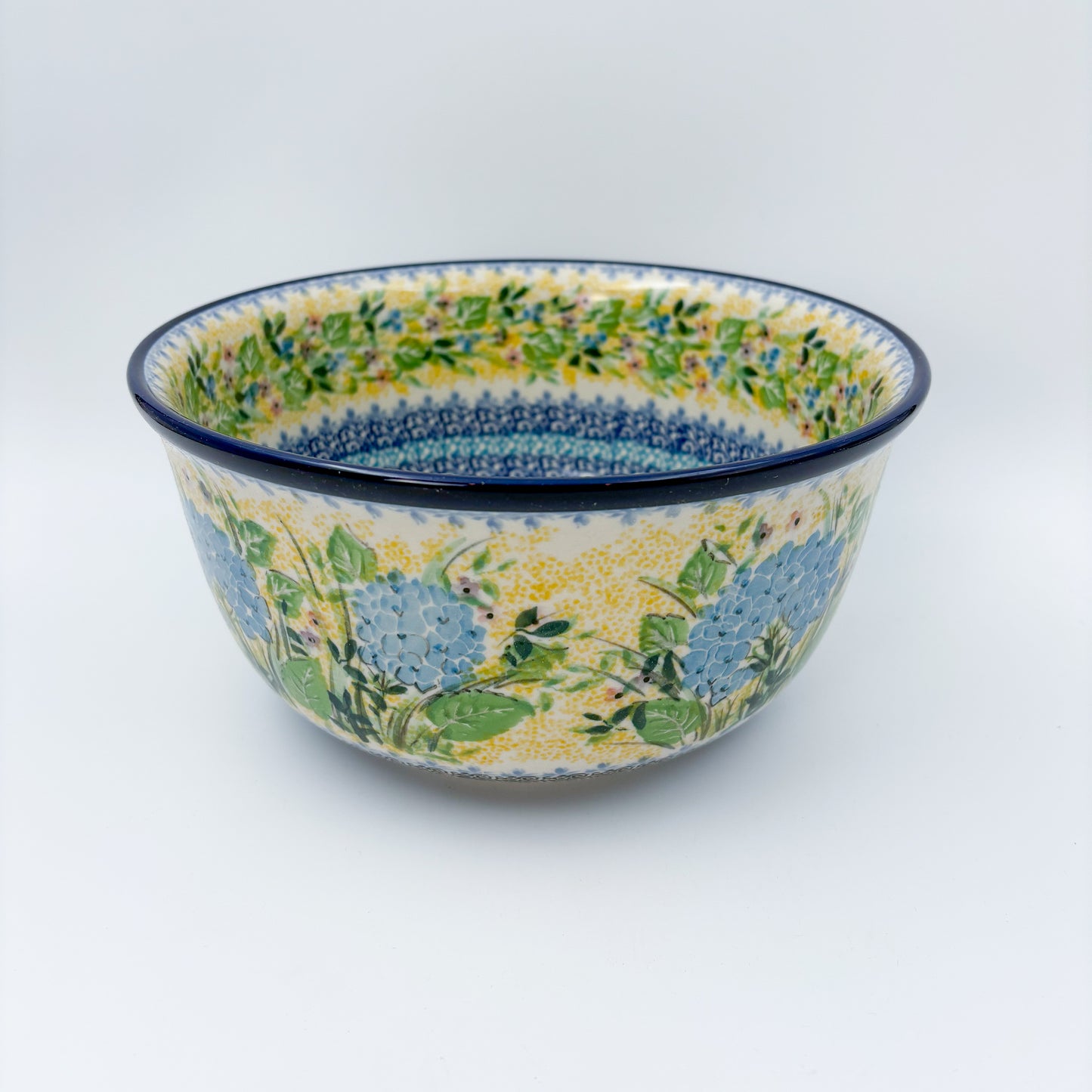 9” Serving Bowl.  Hand crafted Polish pottery stoneware: UNIKAT Blue Hydrangea Design
