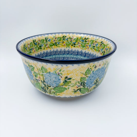 9” Serving Bowl.  Hand crafted Polish pottery stoneware: UNIKAT Blue Hydrangea Design