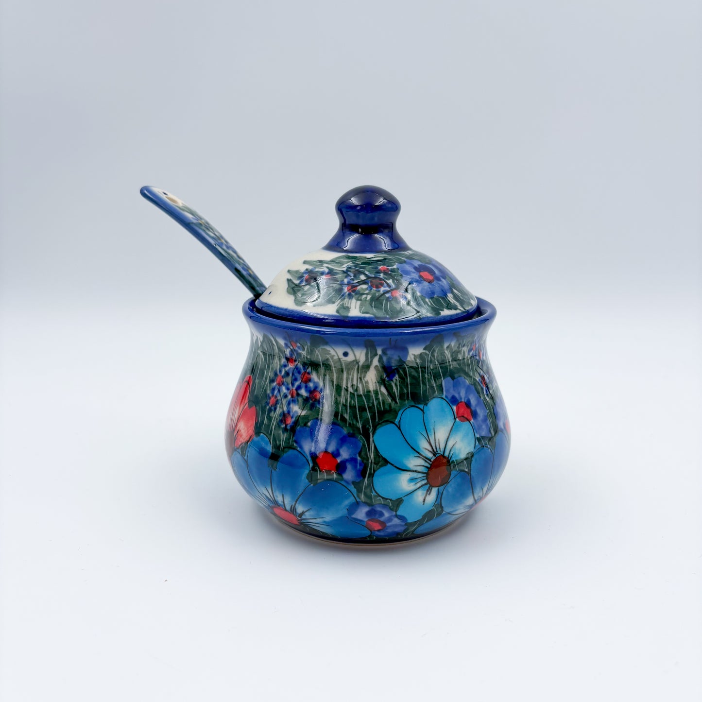 Sugar Bowl and spoon.  UNIKAT Forget Me Knot Pansy Pattern