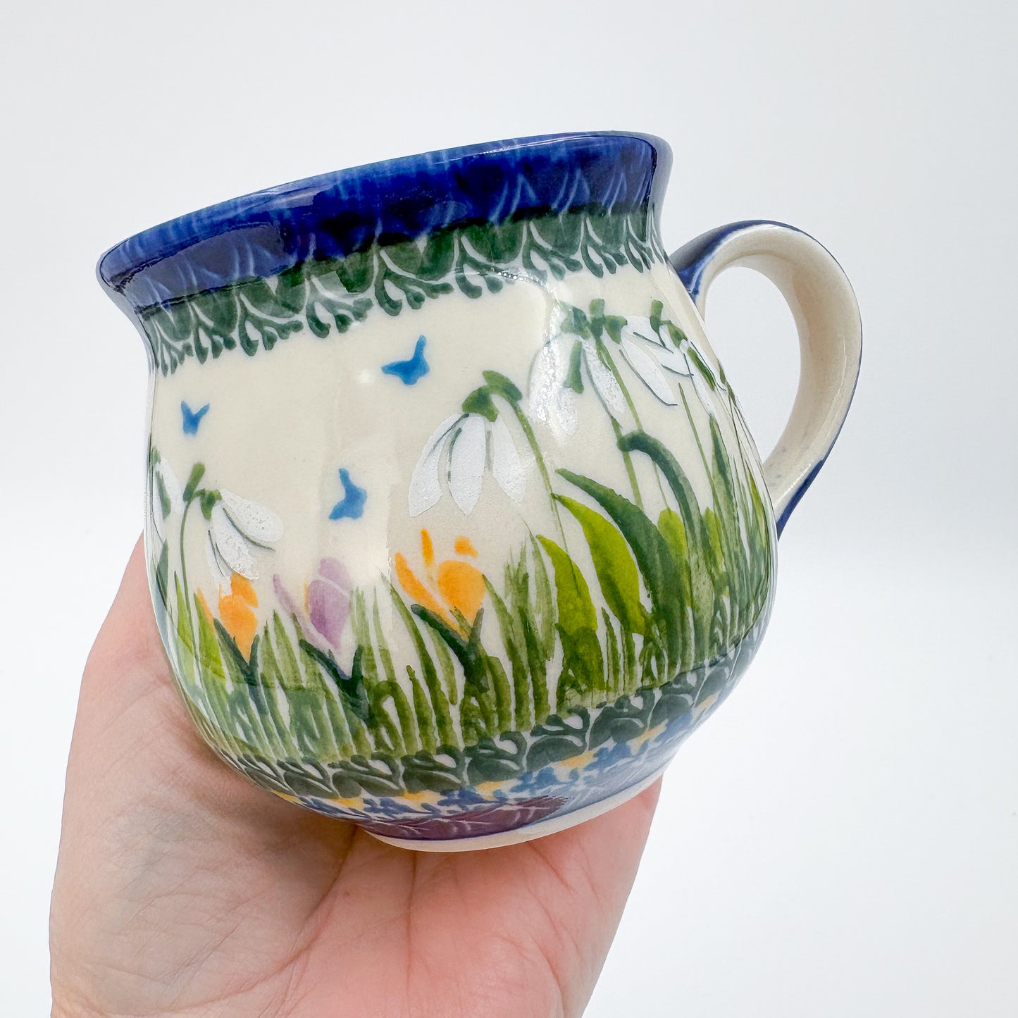 8 oz Bubble Mug. Handcrafted Polish pottery stoneware:  UNIKAT Snowdrop Garden