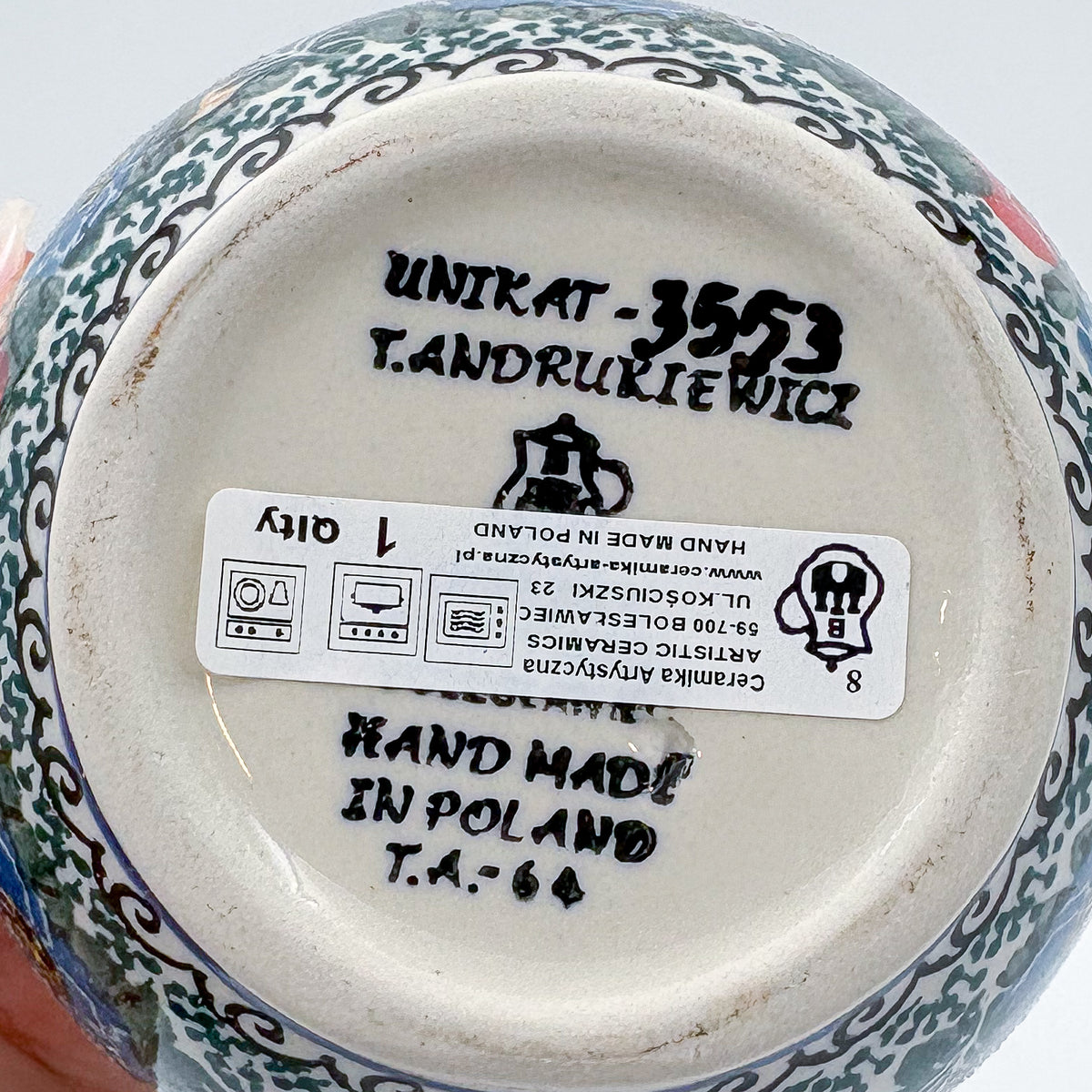 16 oz Bowl/Mug with Loop-Handle.  Hand crafted Polish pottery stoneware: UNIKAT Poppy Bunch Design