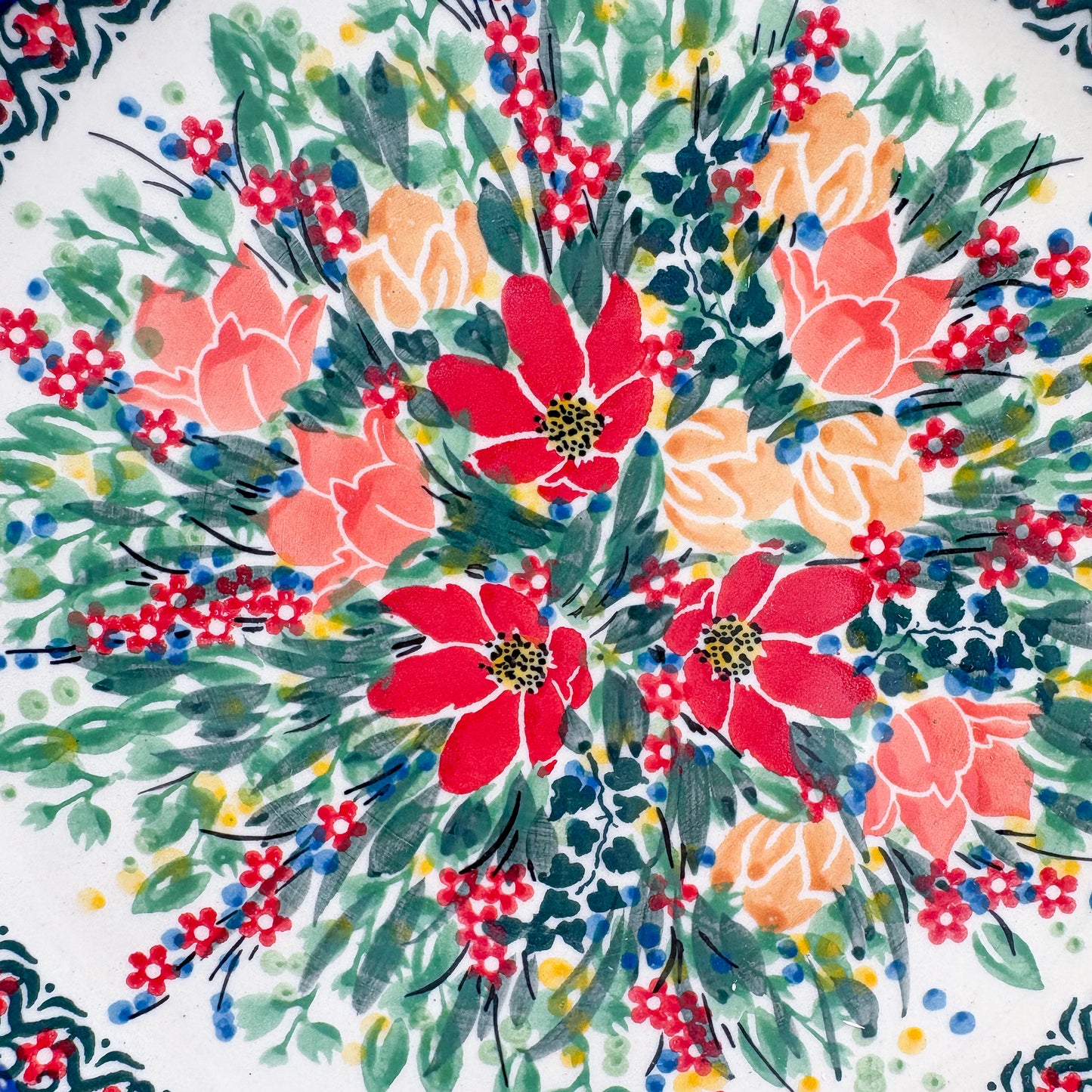 10.5” Plate.  Hand crafted Polish pottery stoneware: UNIKAT Red and Yellow Flowers Design