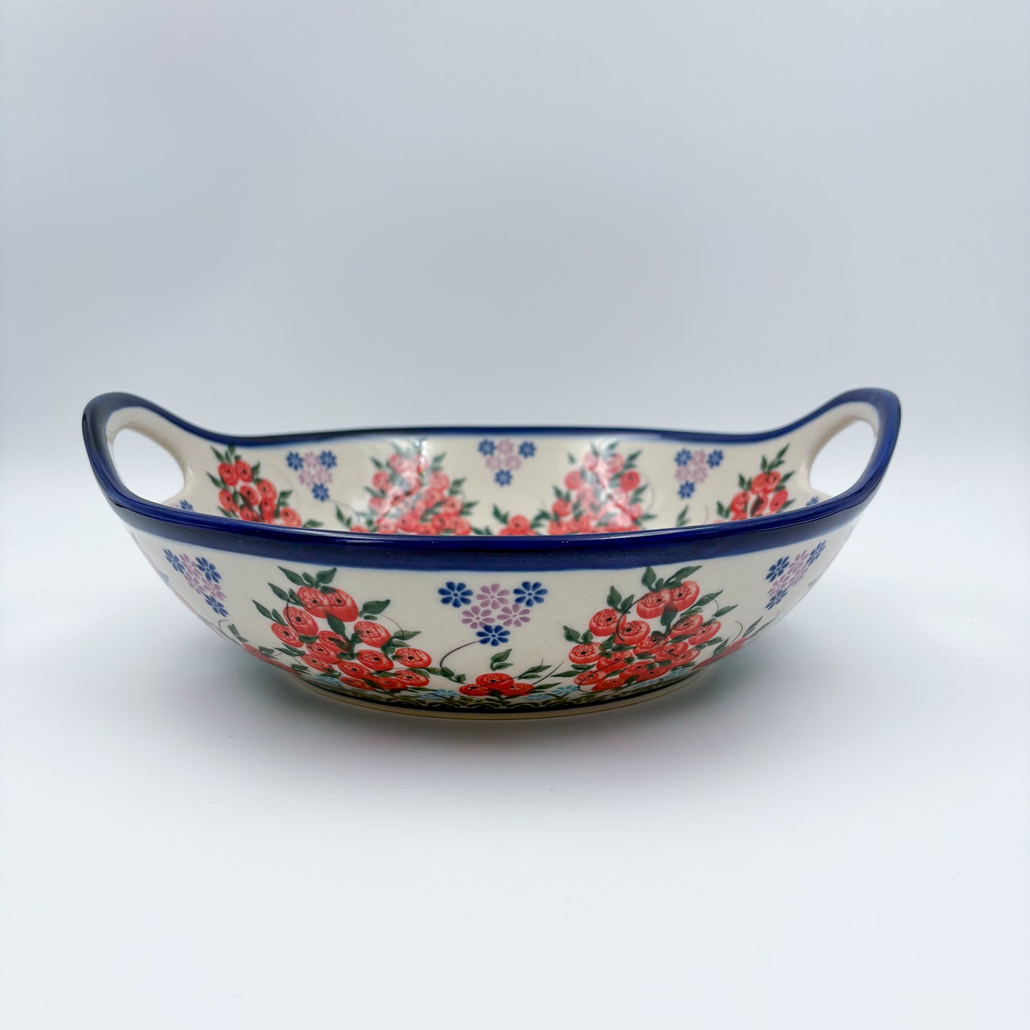 10" Bowl with Handles.  Hand crafted Polish pottery stoneware:  UNIKAT Red Berry Pattern