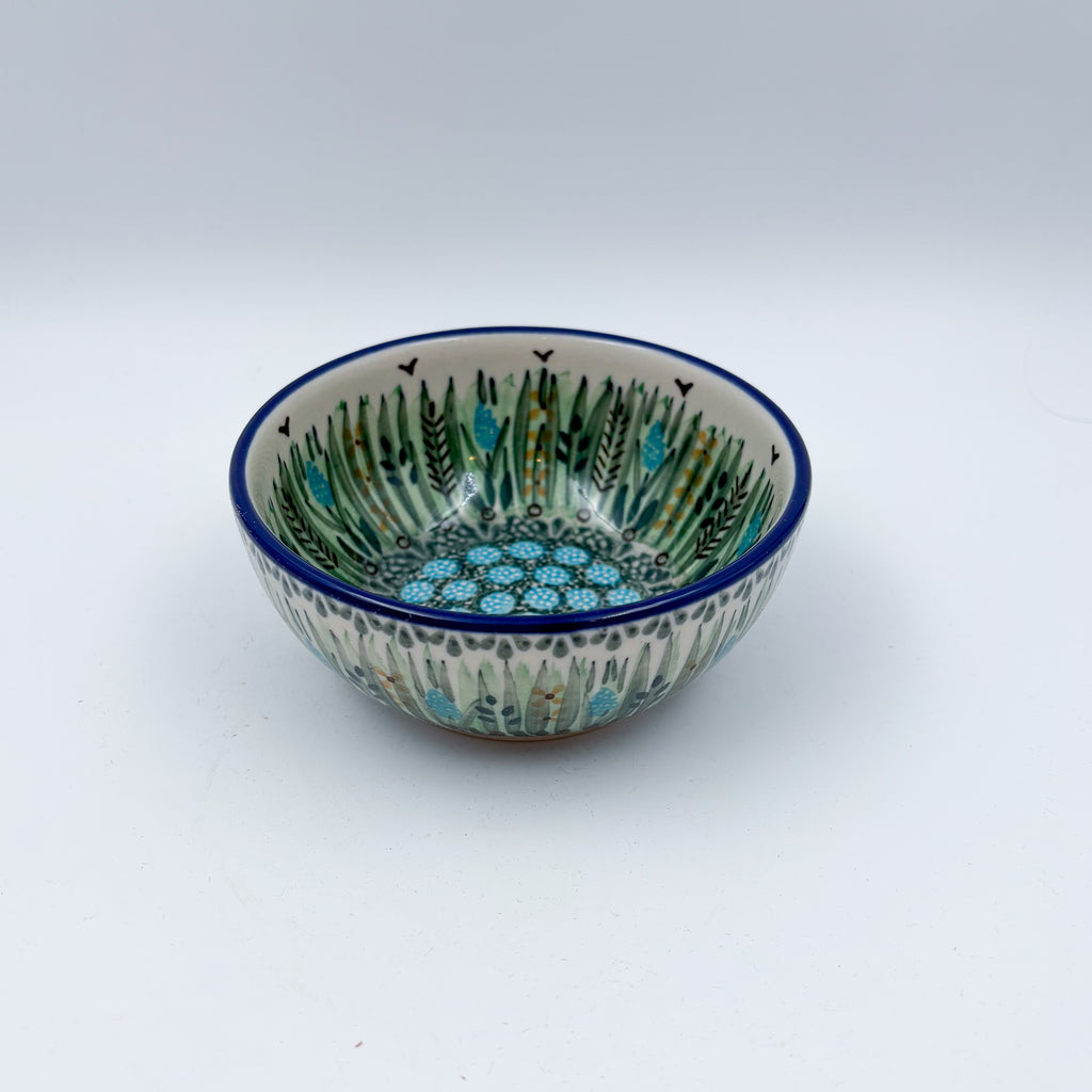 5” Bowl.  Hand crafted Polish pottery stoneware: UNIKAT Green Prairie Design