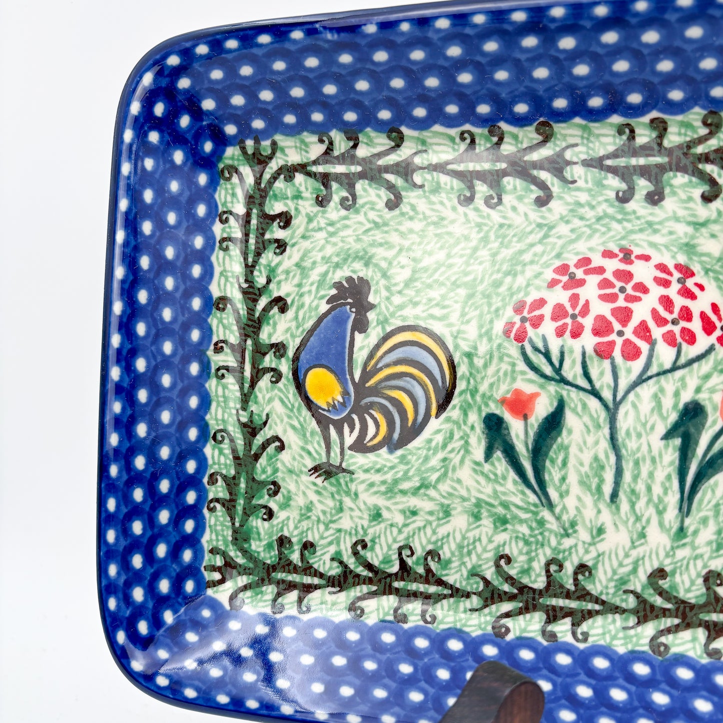13" Platter  Hand crafted Polish pottery stoneware: UNIKAT Rooster Dance Design.
