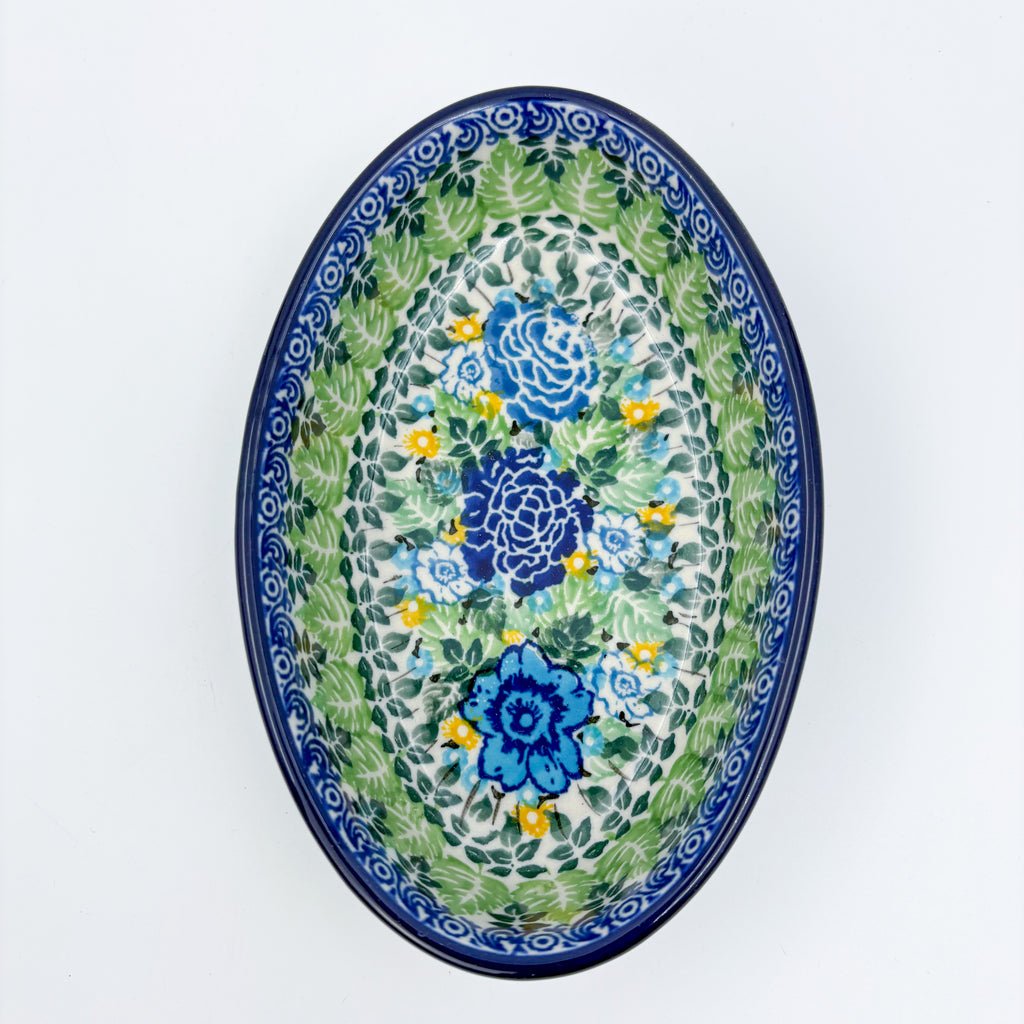 Lime Bouquet oval bowl on white background, top-down view
