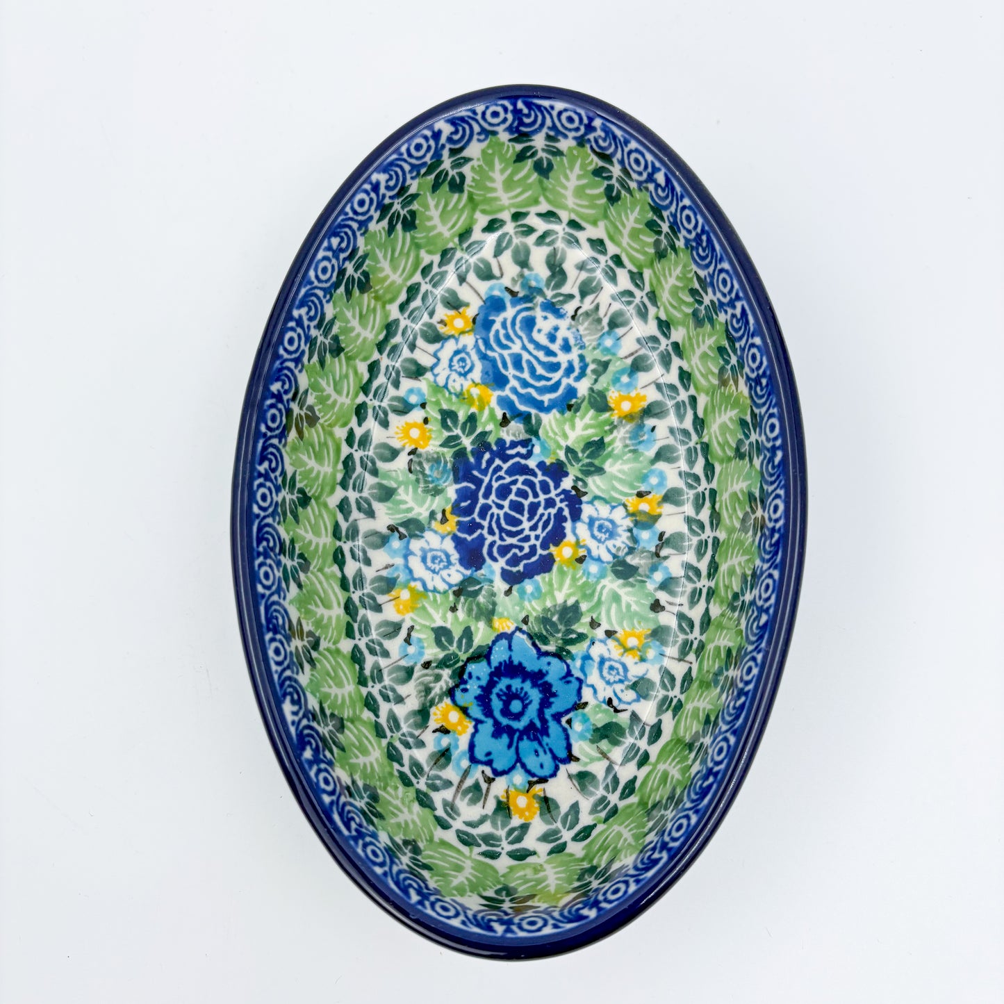 6” Oval Bowl.  Hand crafted Polish pottery stoneware:  UNIKAT Lime Bouquet Design