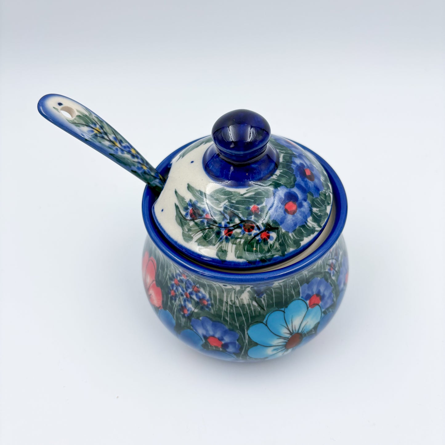 Sugar Bowl and spoon.  UNIKAT Forget Me Knot Pansy Pattern