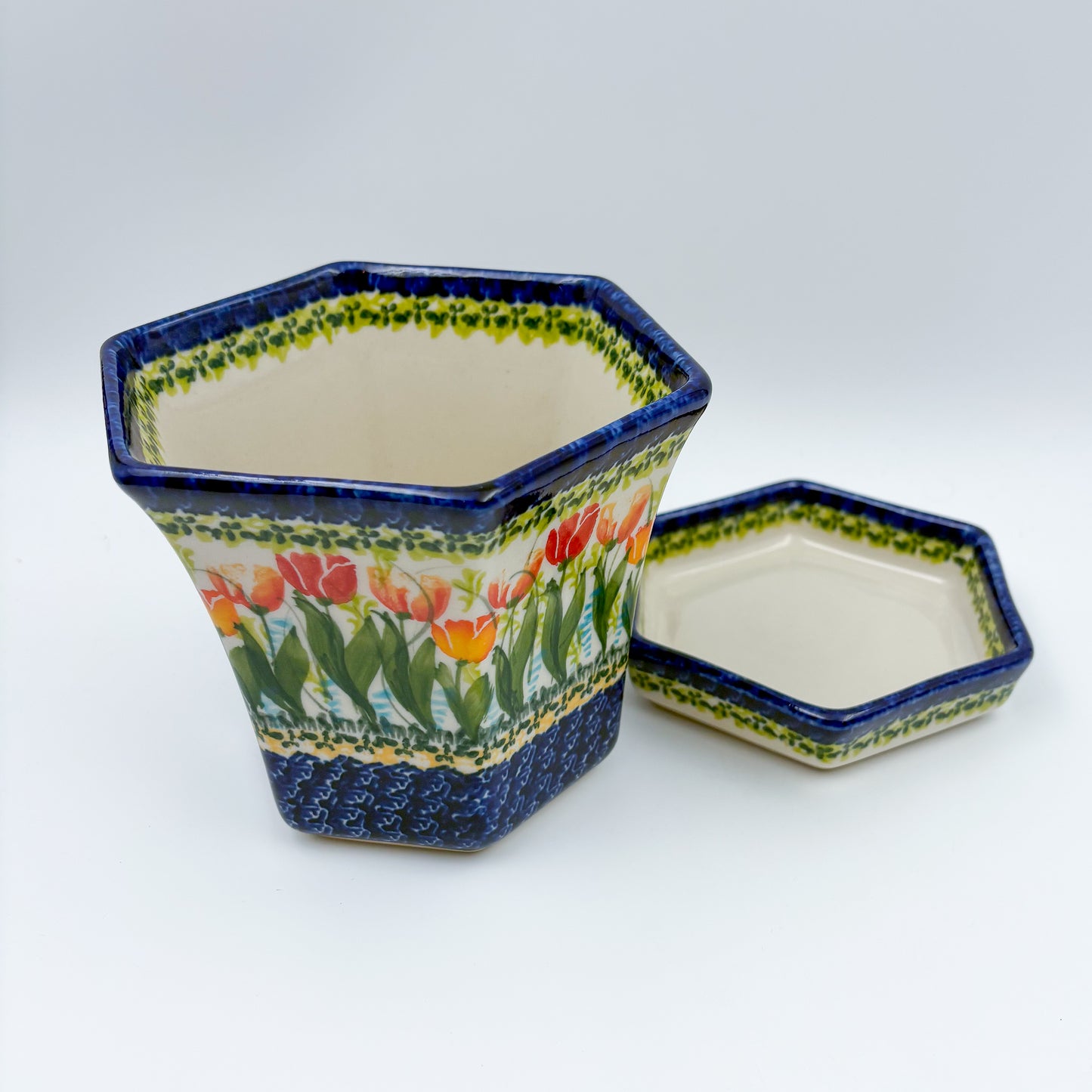 5” Flower Pot.  Handmade Polish pottery.  UNIKAT Tulip Fields