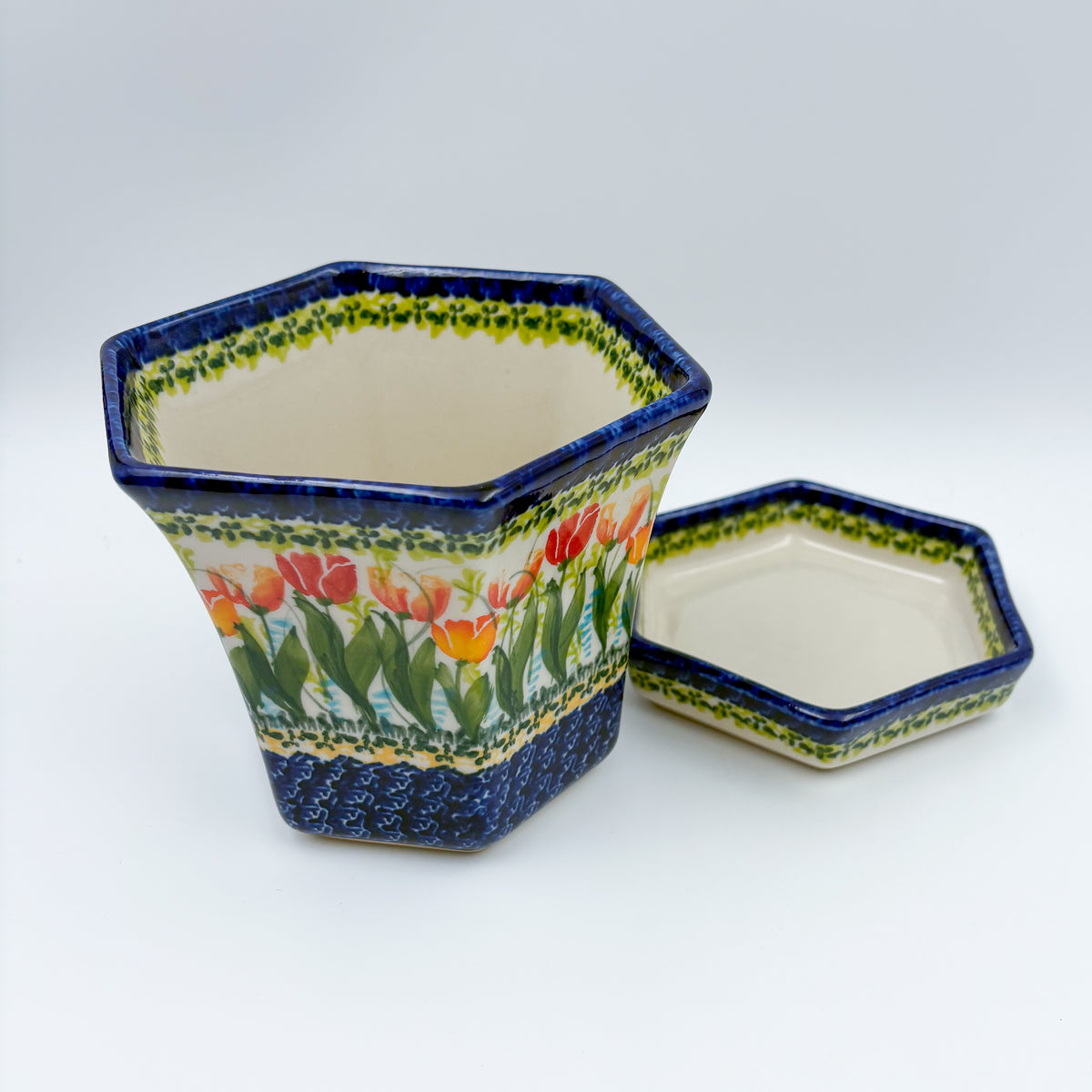 5” Flower Pot.  Handmade Polish pottery.  UNIKAT Tulip Fields
