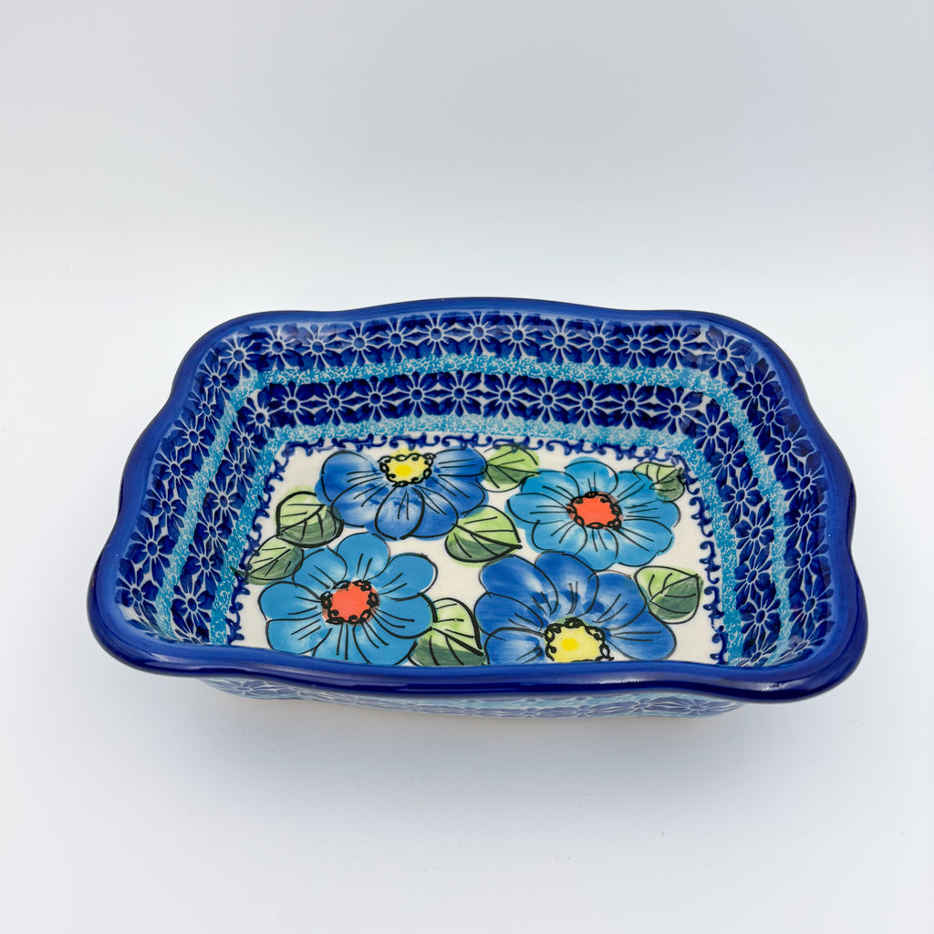 8” Baker Handmade in Poland.  UNIKAT Bold Blue Poppies Design