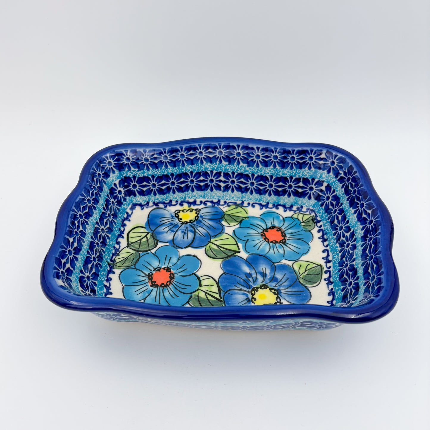 8” Baker Handmade in Poland.  UNIKAT Bold Blue Poppies Design