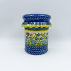 7" Container with Ruffled Lid Large.  Handmade Polish pottery.  UNIKAT Bluebell Meadow Design