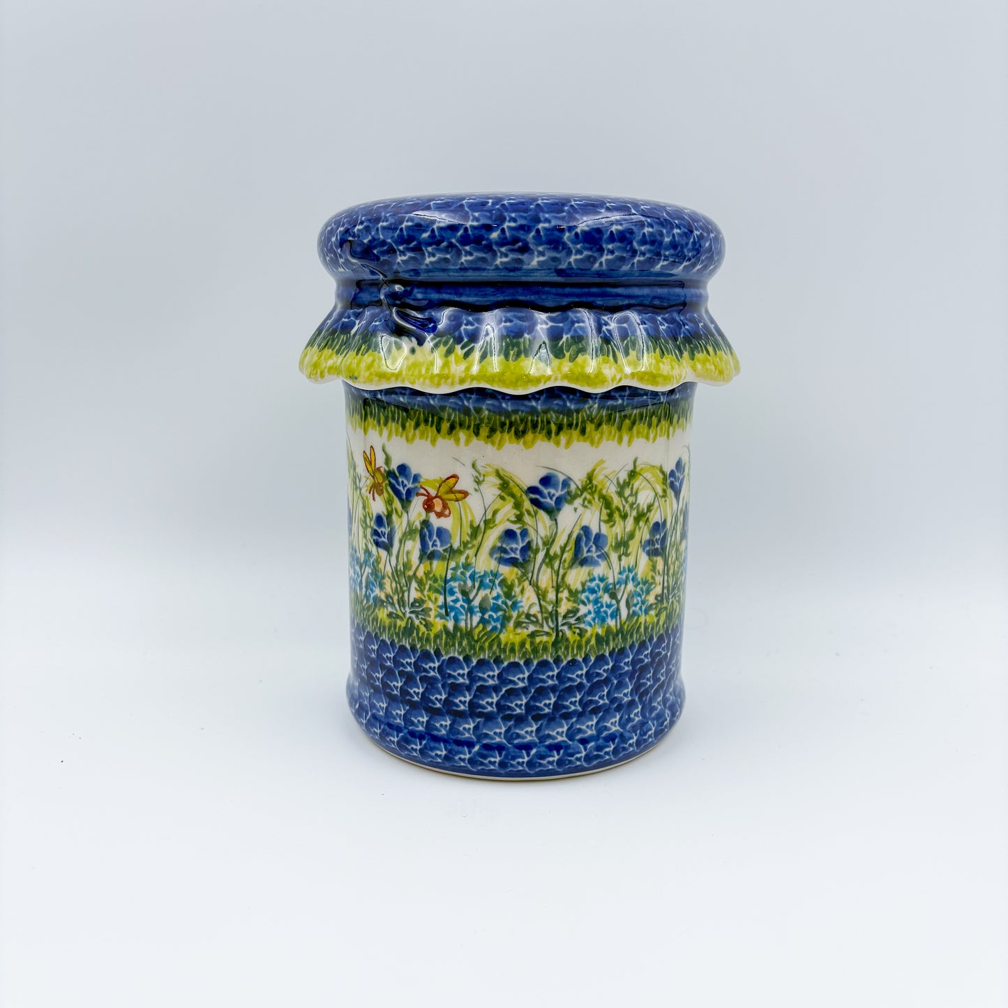 7" Container with Ruffled Lid Large.  Handmade Polish pottery.  UNIKAT Bluebell Meadow Design