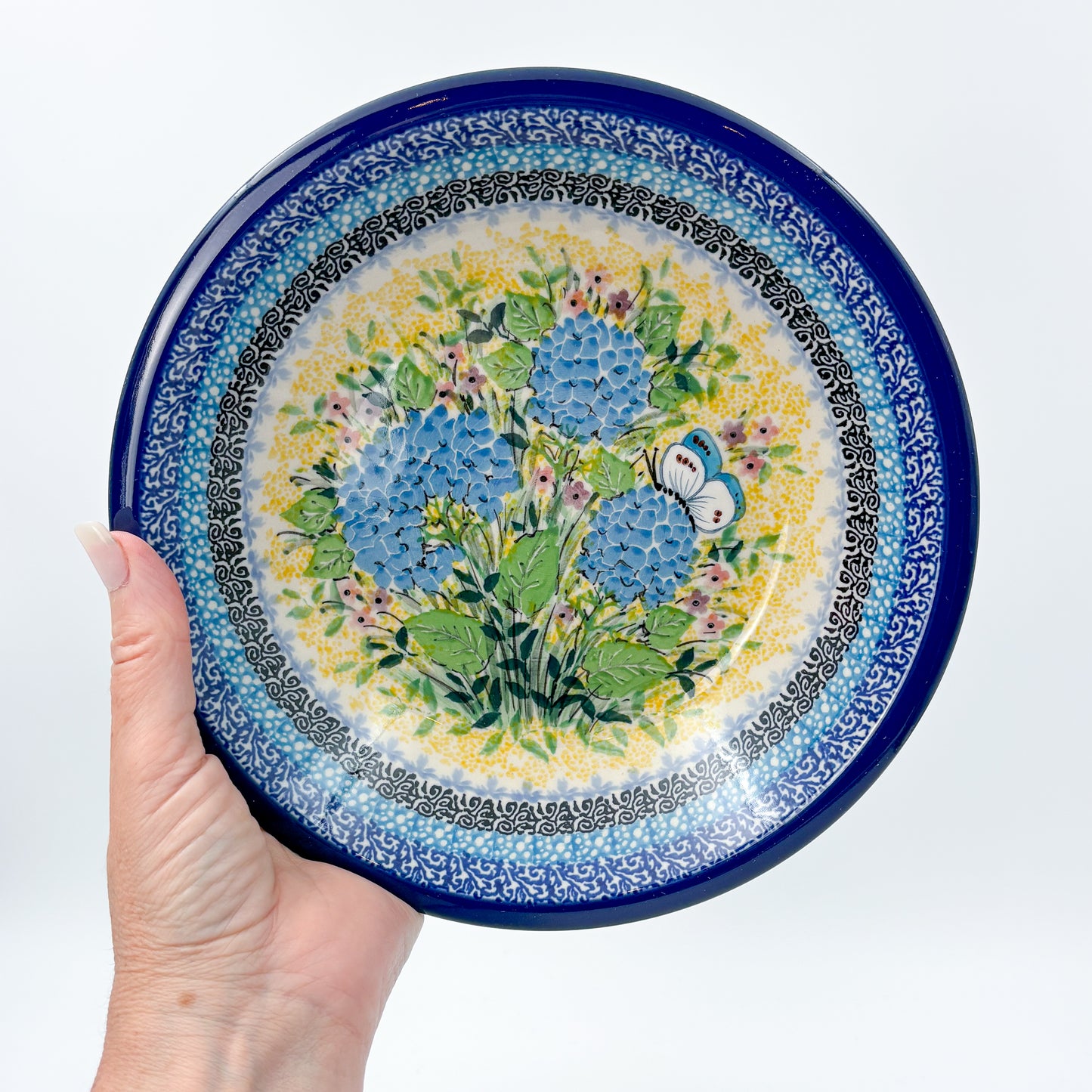 8” Pasta  Bowl.  Hand crafted Polish pottery stoneware: UNIKAT Blue Hydrangea Design