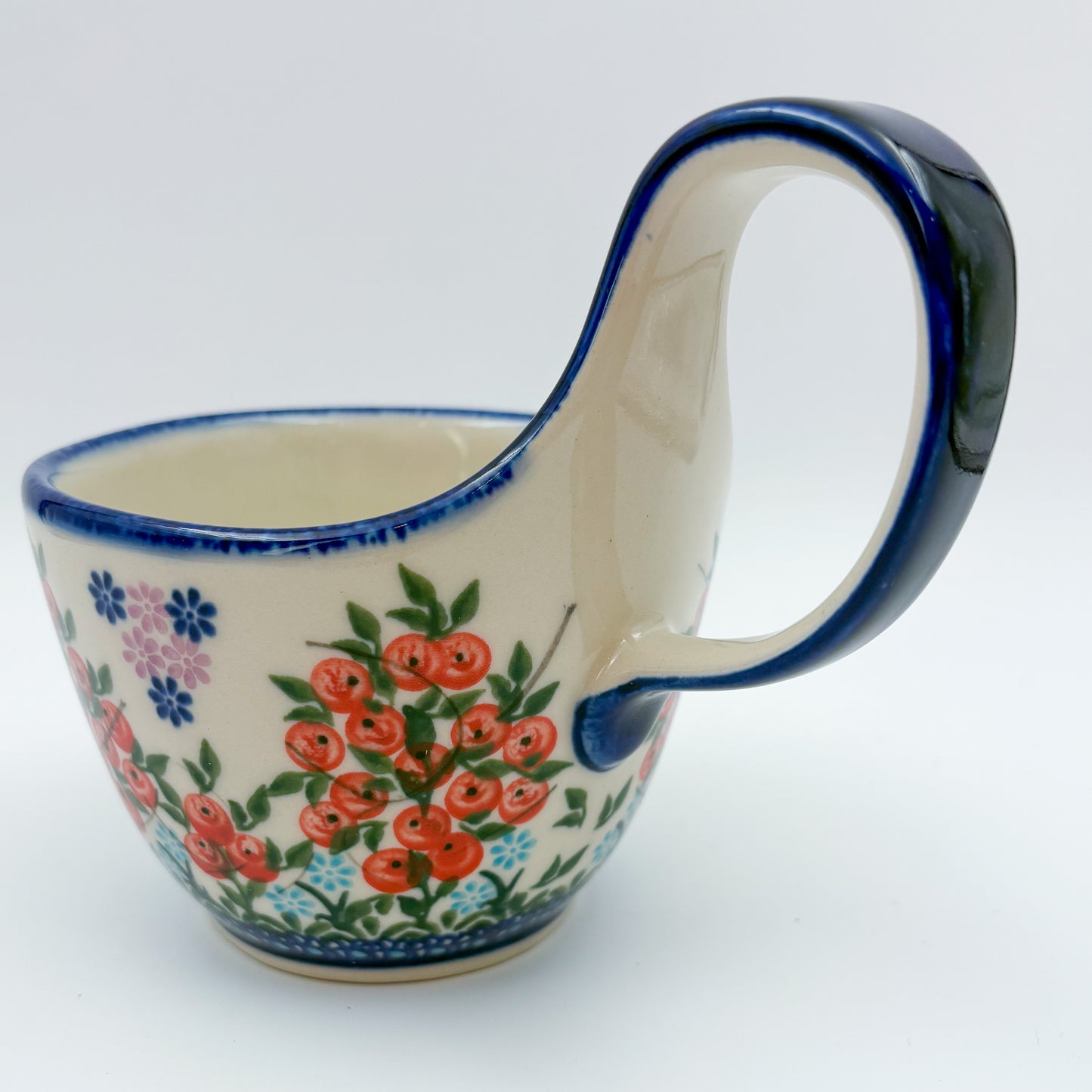 12 oz Bowl/Mug with Loop-Handle.  Hand crafted Polish pottery stoneware: UNIKAT Red Berry