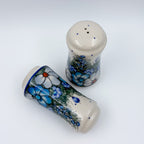 5” Salt and Pepper Shakers.  Handmade Polish pottery.  UNIKAT Forget Me Not Pansy BLUE/WHITE