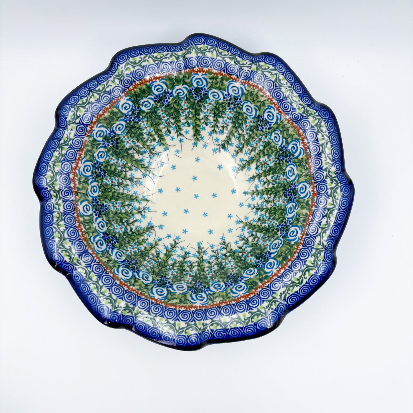 10.4" Wave Bowl. Hand crafted Polish pottery stoneware:  UNIKAT Whispering Ferns Pattern