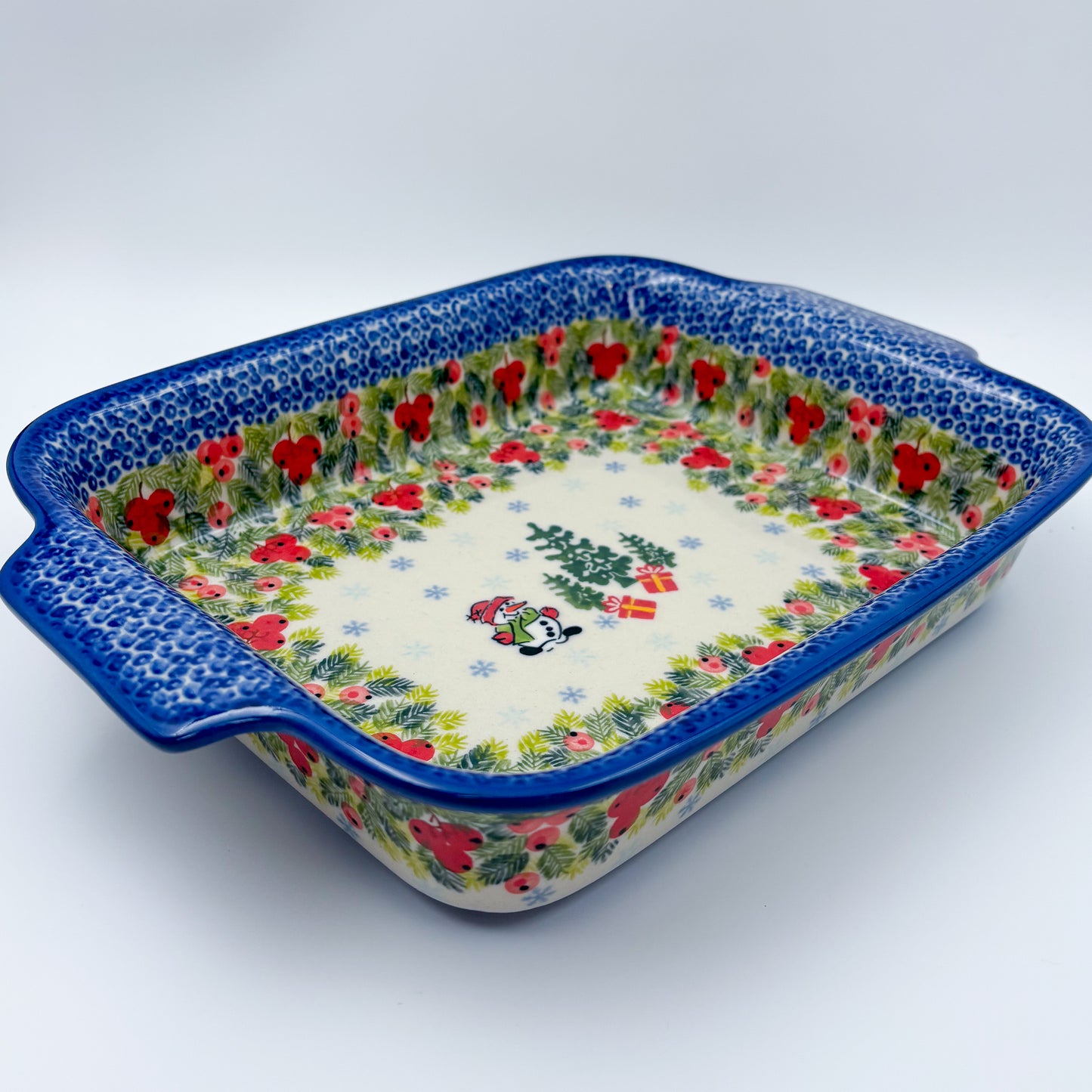 13" Rectangular Baker Handles. Handmade in Poland.  UNIKAT Berry Snowman Design