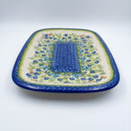 UNIKAT Bluebell Meadow large Daria platter, angled top-down view of full rectangular platter with bluebell field
