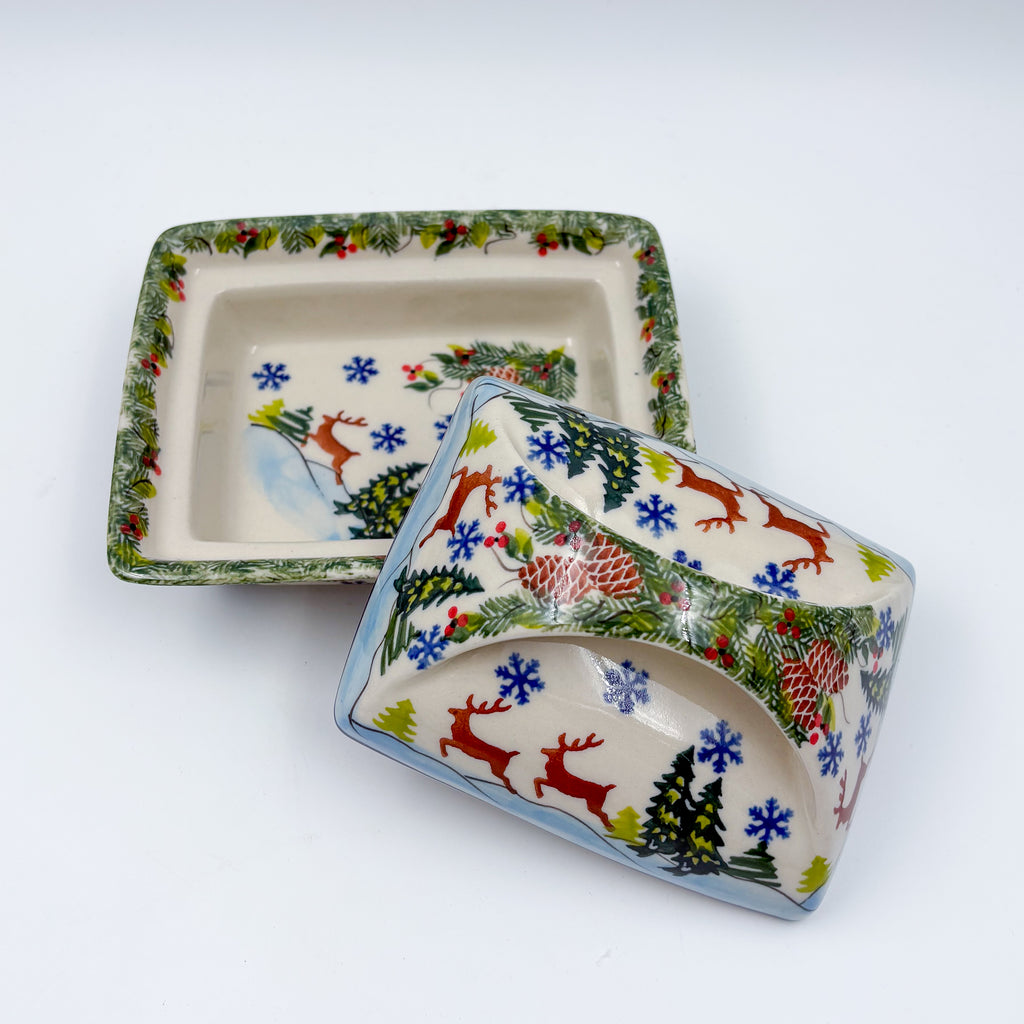 Butter Dish Deep: Hand crafted Polish pottery stoneware: UNIKAT Reindeer Bliss