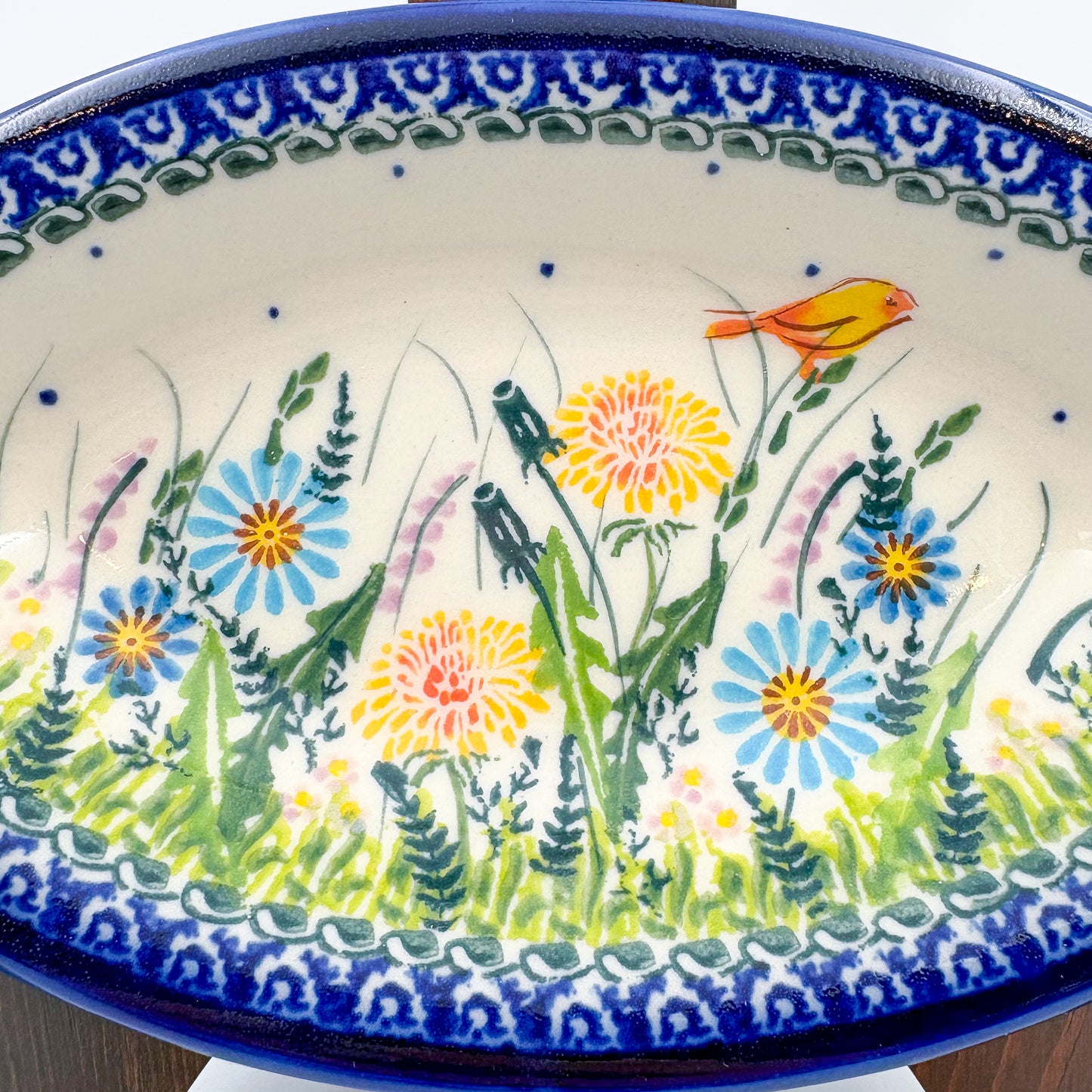 7" Oval Milano Platter  Hand crafted Polish pottery stoneware: UNIKAT Songbird Garden