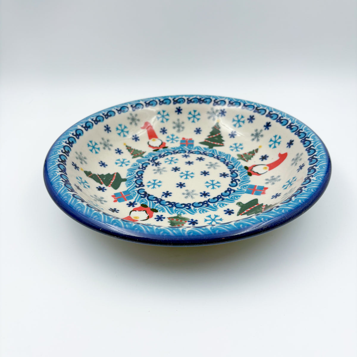 9”  Deep Bowl.  Hand crafted Polish pottery stoneware: UNIKAT Dancing Snowman Design