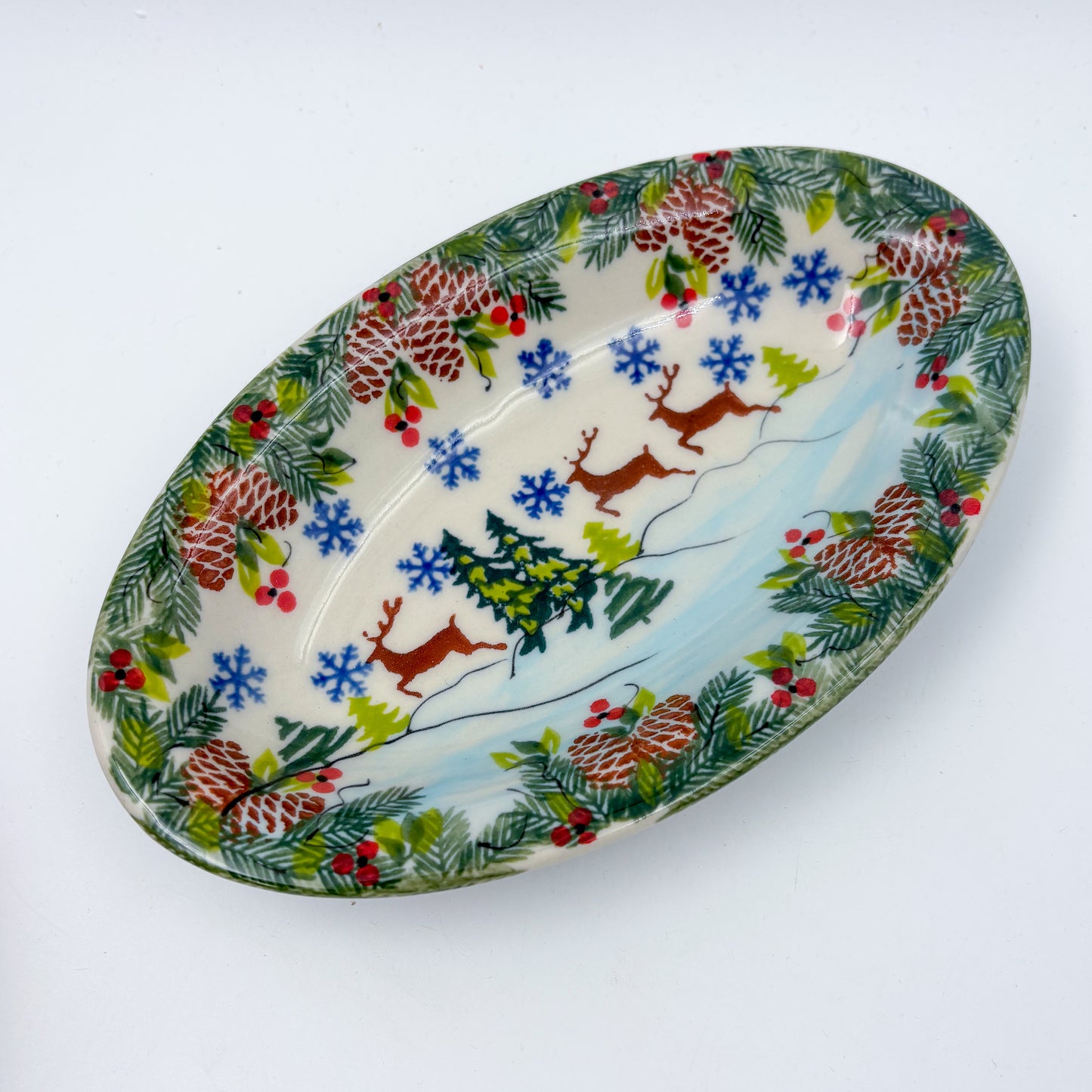 7" Oval Milano Platter  Hand crafted Polish pottery stoneware: UNIKAT Reindeer Bliss Design (Copy)