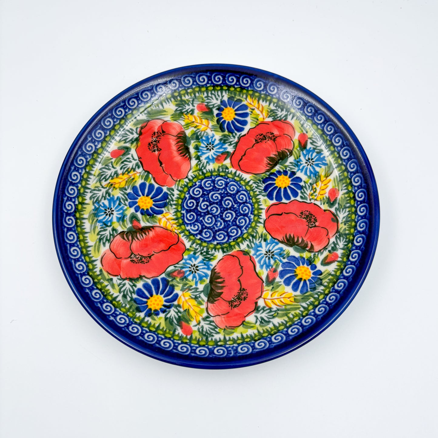 7.5” Plate.  Hand crafted Polish pottery stoneware: UNIKAT Garden Poppy