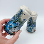 5” Salt and Pepper Shakers.  Handmade Polish pottery.  UNIKAT Forget Me Not Pansy BLUE/WHITE