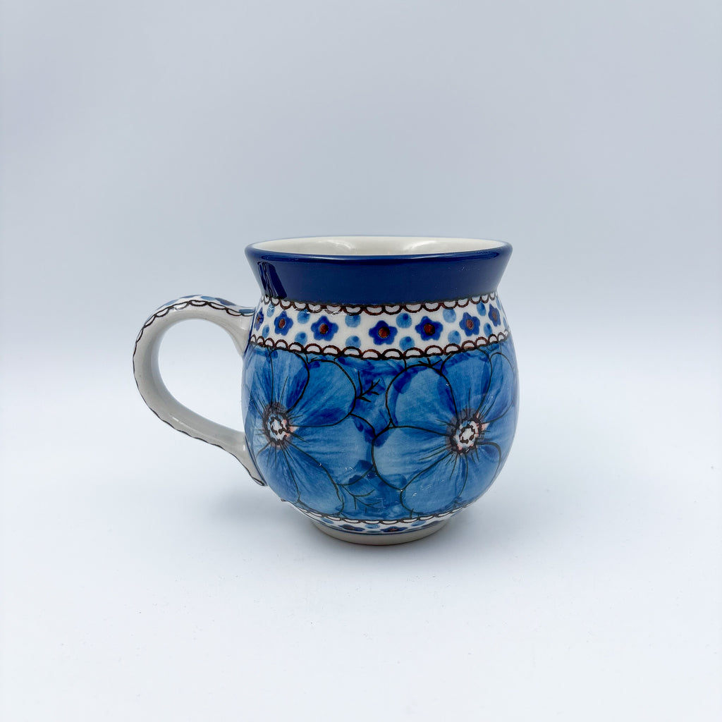 Cobalt Poppies bubble mug on white background, angled front view