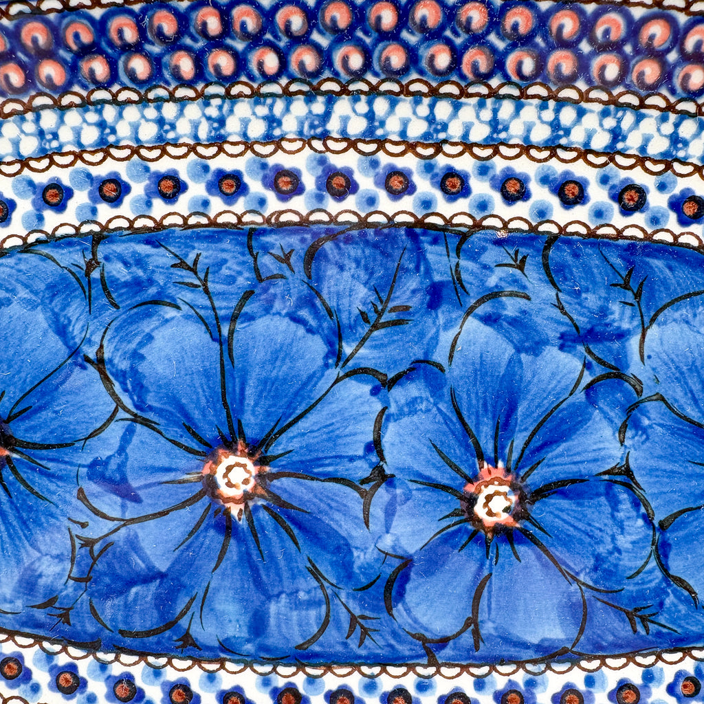 Cobalt Poppies oval platter, close-up of blue poppy flowers and layered dotted border