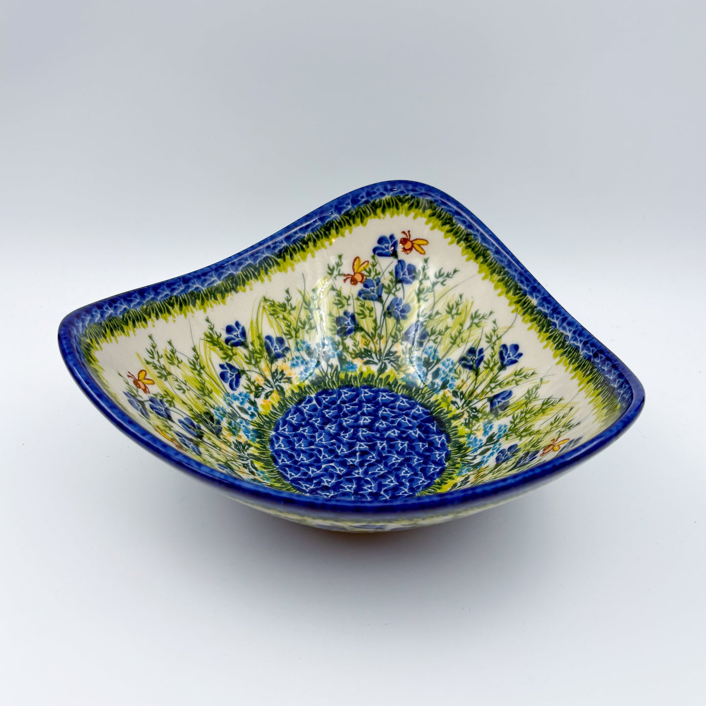 3 Point Bowl.  Hand crafted Polish pottery stoneware:  UNIKAT Bluebell Meadow