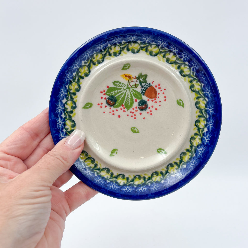 Round Butter/Cheese Covered Dish: UNIKAT Hedgehogs and Acorns Design