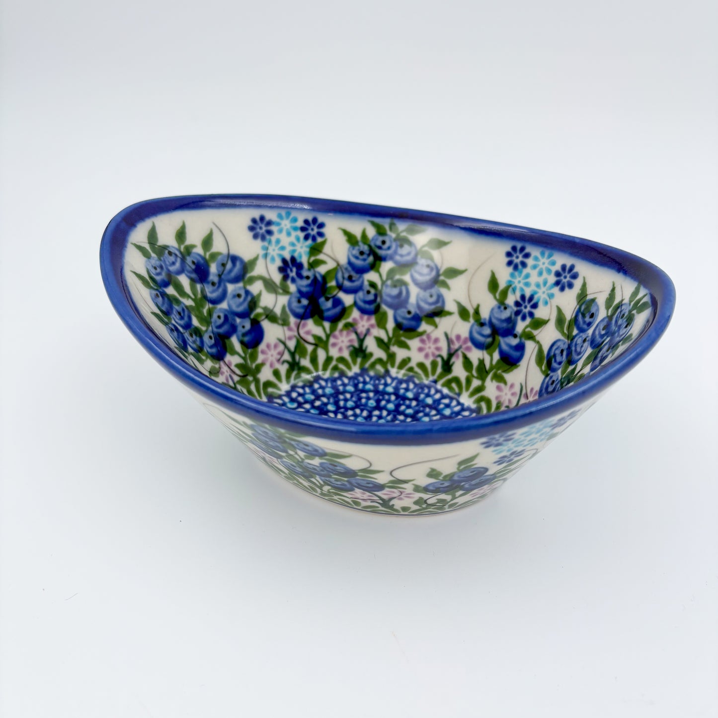 6” Oval Bowl.  Hand crafted Polish pottery stoneware:  Blueberry Design