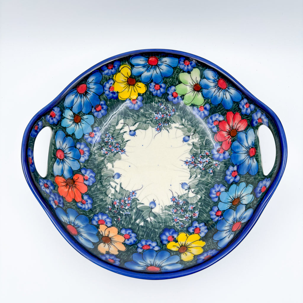 Forget Me Not Pansy handled bowl, top-down straight-on view