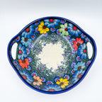 Forget Me Not Pansy handled bowl, top-down straight-on view