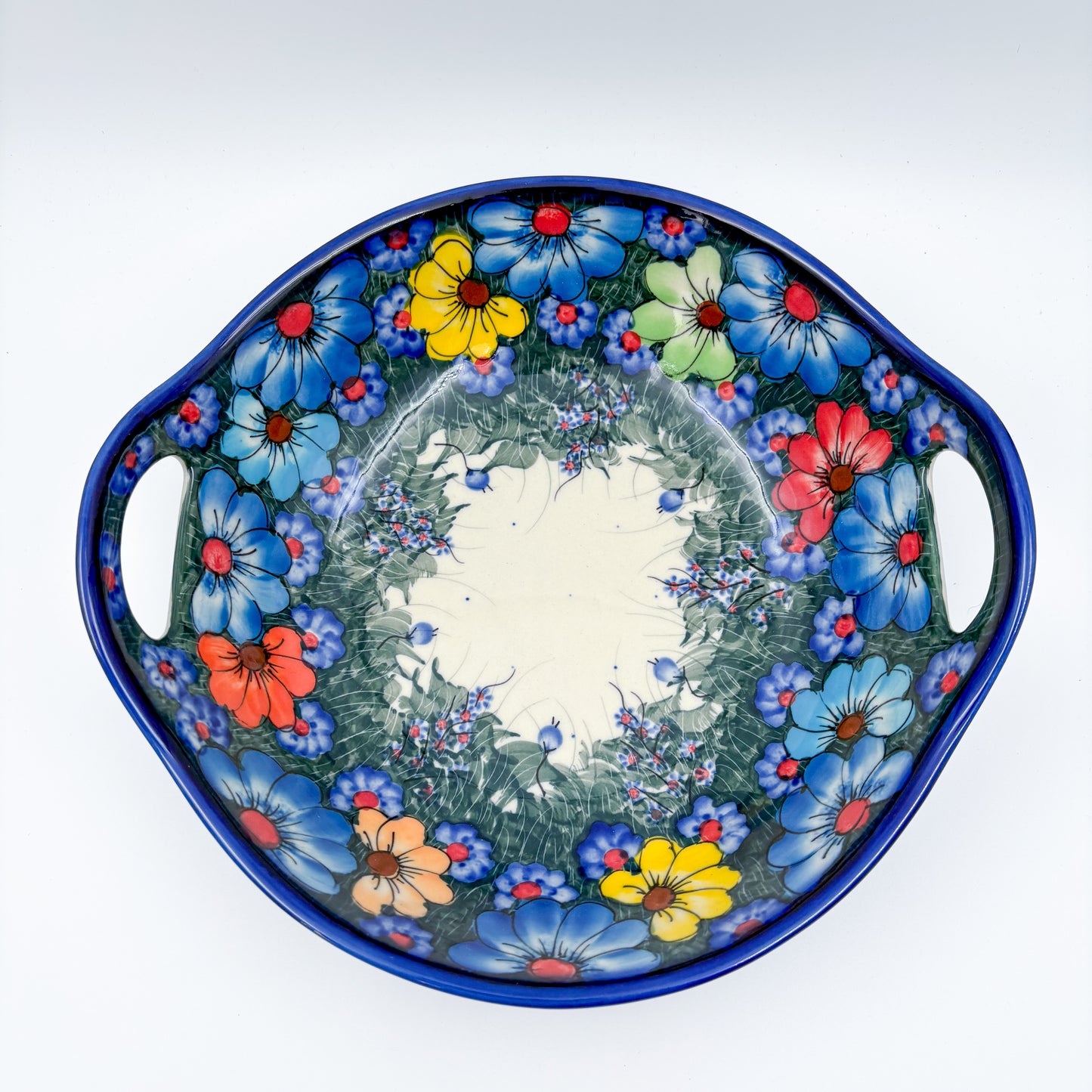 10" Bowl with Handles. Hand crafted Polish pottery stoneware:  UNIKAT Forget Me Not Pansy Pattern